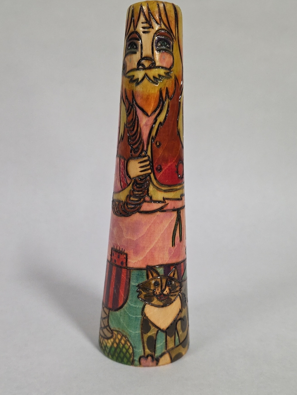 Vintage Russian Folk Art Tapered Wooden Bud Vase Hand-Carved & Painted Whimsical